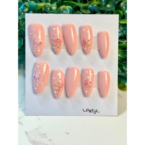 Beautiful Peachy Butterfly/Flowers Handpainted/Designed Reusable Press On Nails - Picture 3 of 5